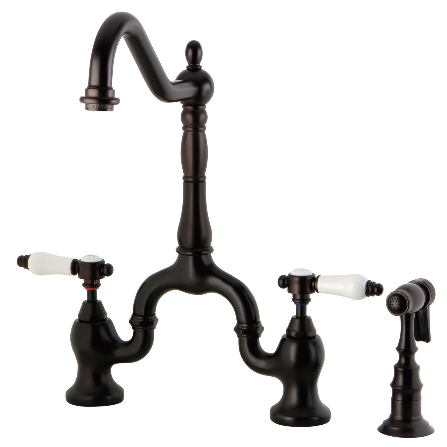 Kingston Heirloom KS7755BPLBS - Bel-Air Two-Handle 3-Hole Deck Mount Bridge Kitchen Faucet with Brass Sprayer, Oil Rubbed Bronze — image 1